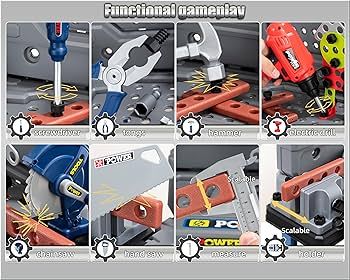 Kuvakooste esittelee lelu-työkalujen "toiminnallista leikkiä", sisältäen ruuvimeisselin ja sahan.