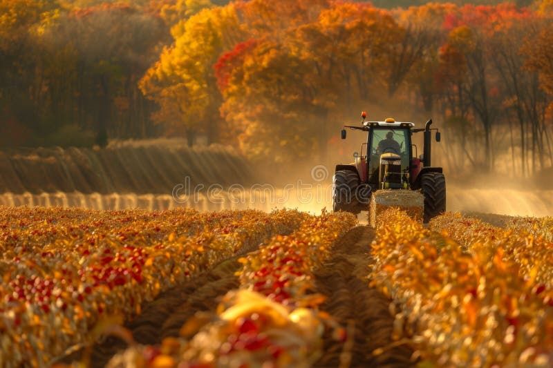 Traktori työskentelee punaisella pellolla, taustalla syksyiset puut ja aurinko paistaa.